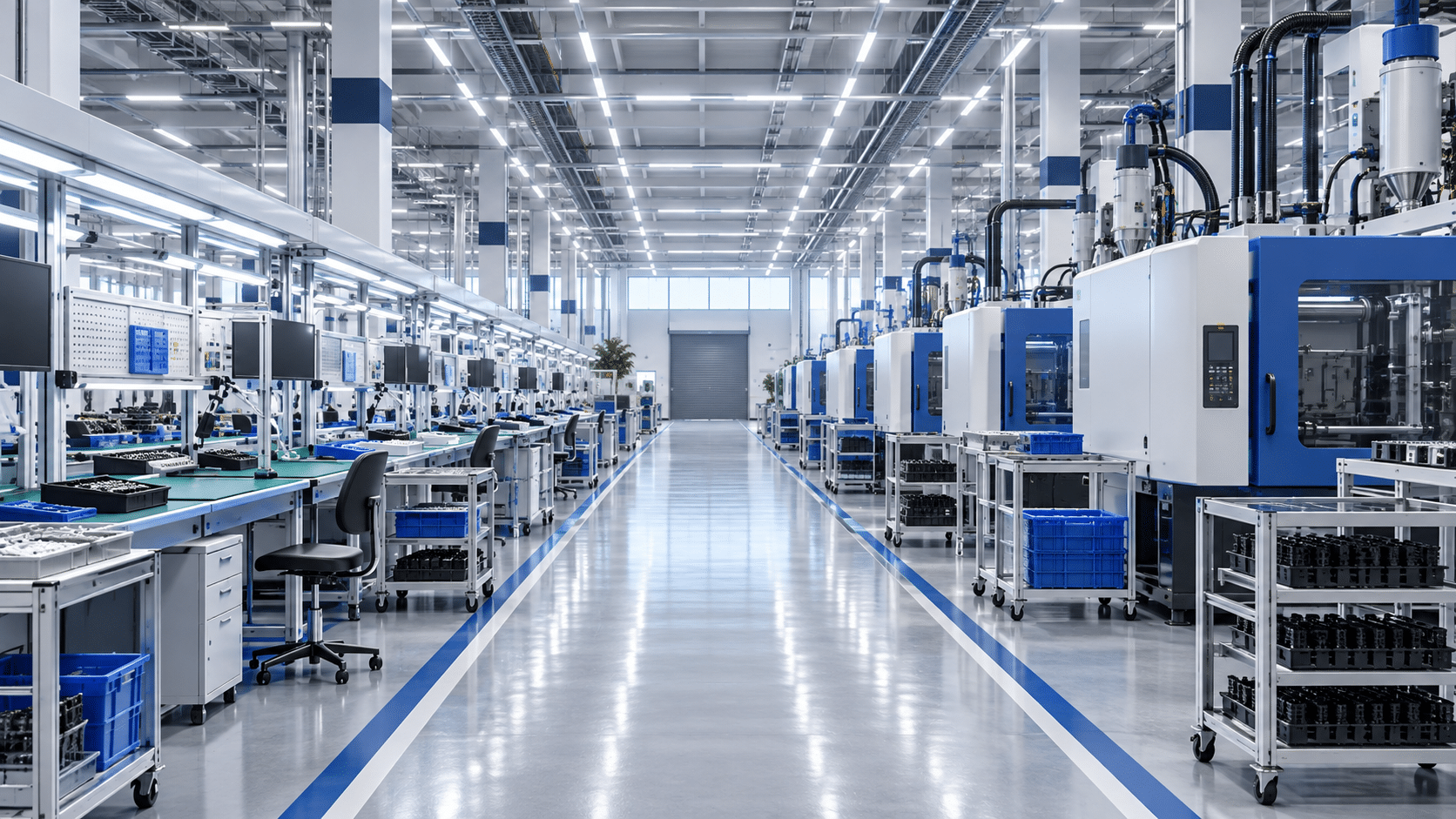 AI-generated visualization of electronics assembly workstations and injection molding equipment