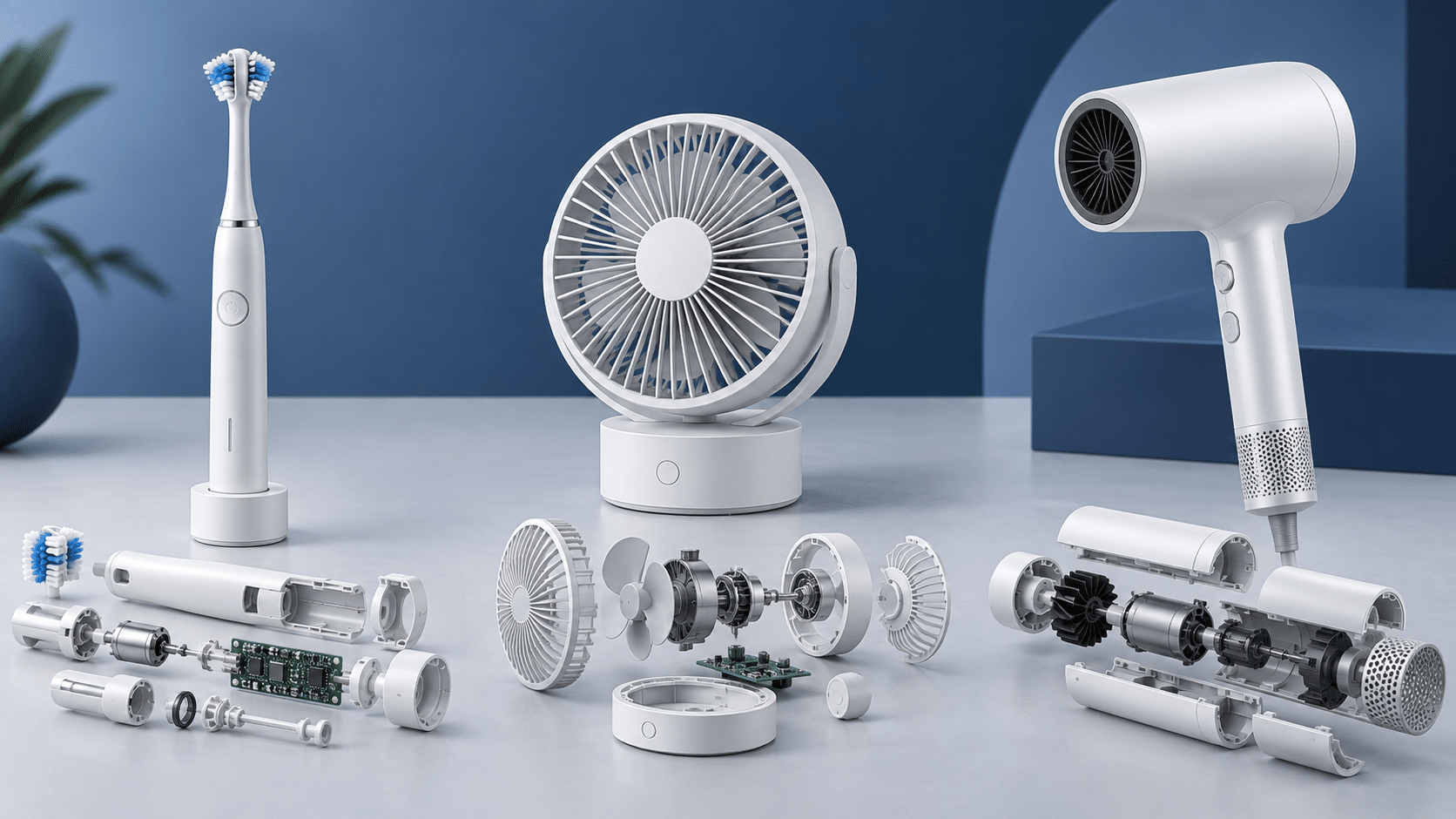 AI-generated concepts of a three-head electric toothbrush, desktop fan, and hair dryer with illustrative components